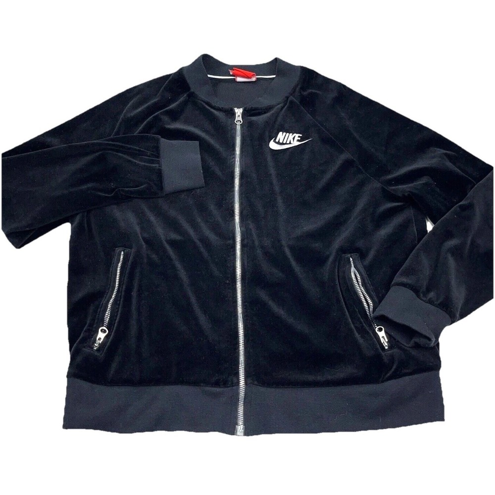 Nike Jacket Women Medium Black Velour Velvet Track Suit Sweatshirt Warm Up Retro